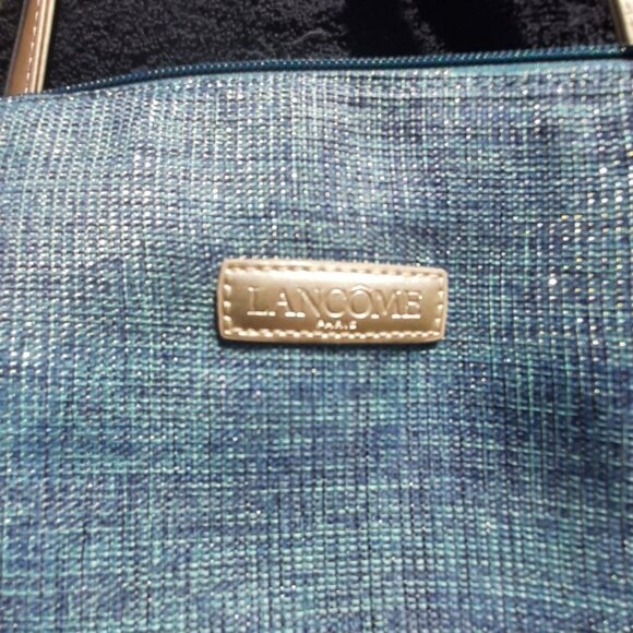 LANCOME  Turquoise/Gold Shoulder Tote Bag LARGE 19"X 16” Adjustable/Lined Logo - Picture 2 of 9